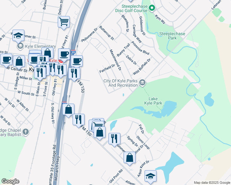 map of restaurants, bars, coffee shops, grocery stores, and more near 640 Whispering Hollow Drive in Kyle
