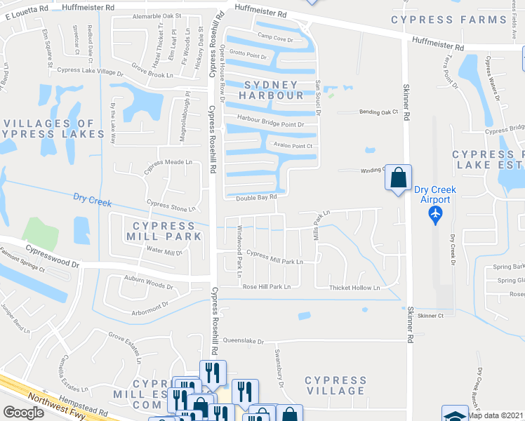 map of restaurants, bars, coffee shops, grocery stores, and more near 18010 Cypress Valley Lane in Cypress