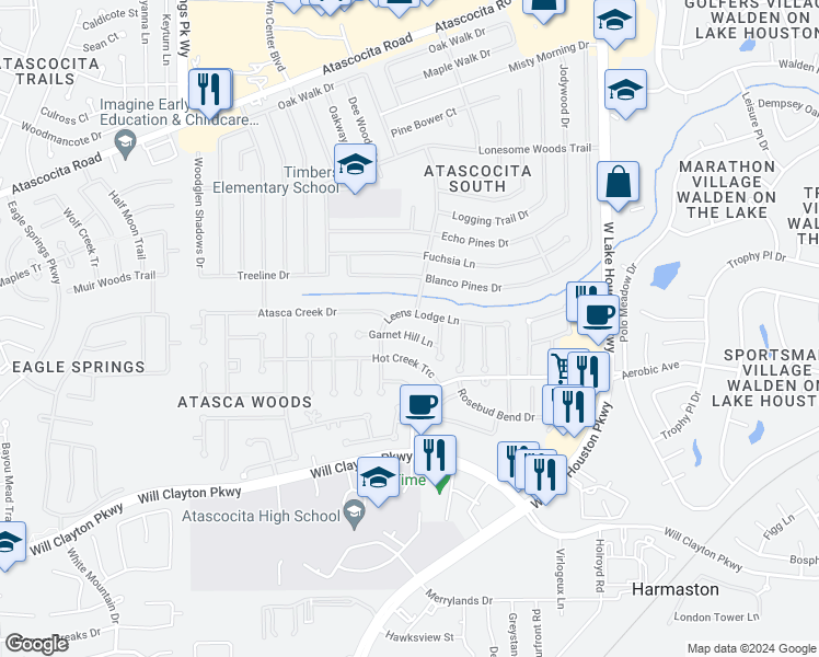 map of restaurants, bars, coffee shops, grocery stores, and more near 7127 Garnet Hill Lane in Humble