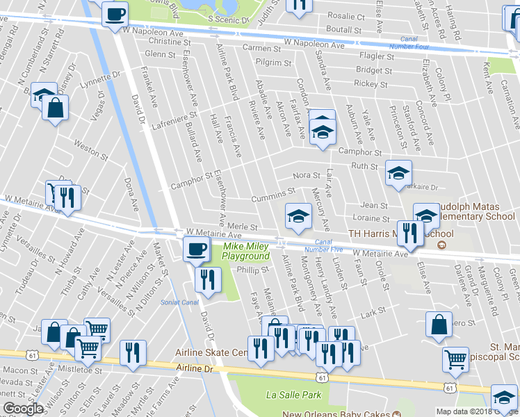 map of restaurants, bars, coffee shops, grocery stores, and more near 1105 Francis Avenue in Metairie
