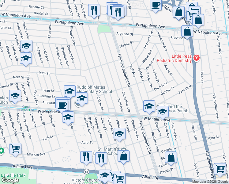 map of restaurants, bars, coffee shops, grocery stores, and more near 1124 Kent Avenue in Metairie