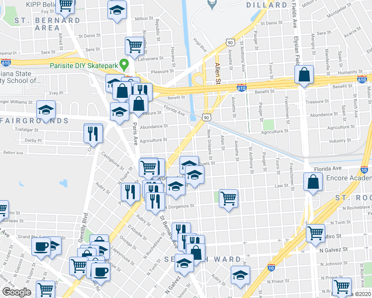 map of restaurants, bars, coffee shops, grocery stores, and more near 33146 North Broad Street in New Orleans