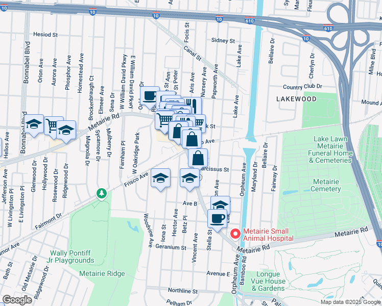 map of restaurants, bars, coffee shops, grocery stores, and more near 523 Metairie Road in Metairie