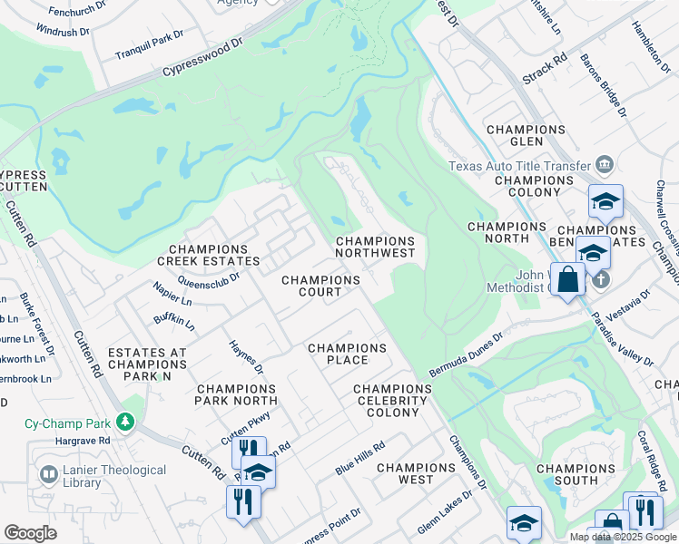 map of restaurants, bars, coffee shops, grocery stores, and more near 3 Champions Court Trail in Houston