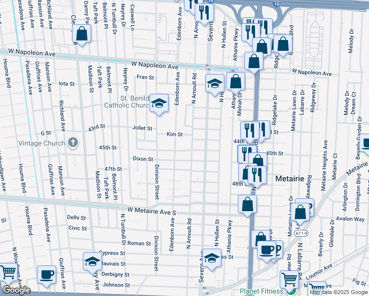 map of restaurants, bars, coffee shops, grocery stores, and more near 3609 45th Street in Metairie