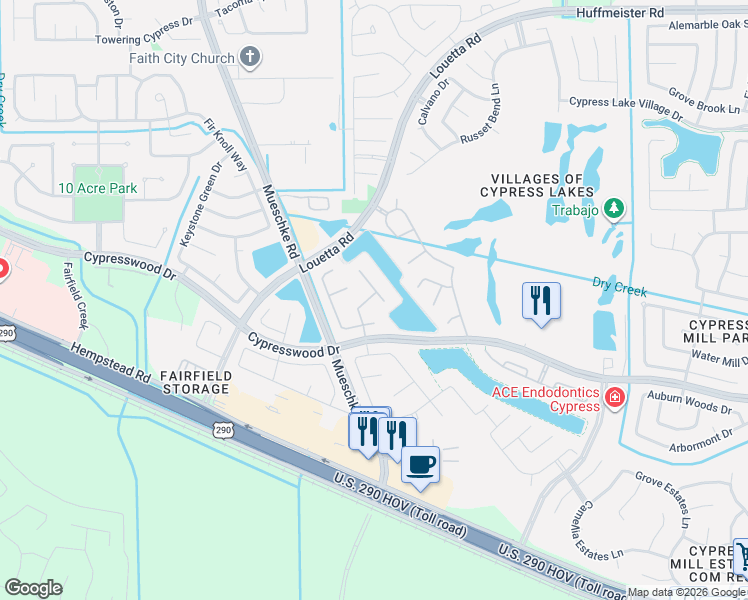 map of restaurants, bars, coffee shops, grocery stores, and more near 14406 Lakeside View Way in Cypress