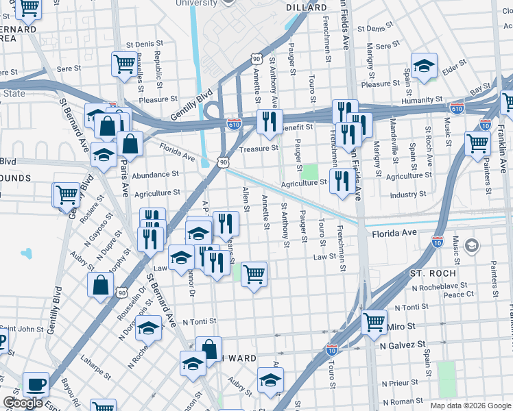 map of restaurants, bars, coffee shops, grocery stores, and more near 1933 Industry Street in New Orleans