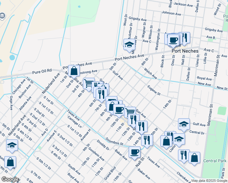 map of restaurants, bars, coffee shops, grocery stores, and more near 2102 7th Street in Port Neches