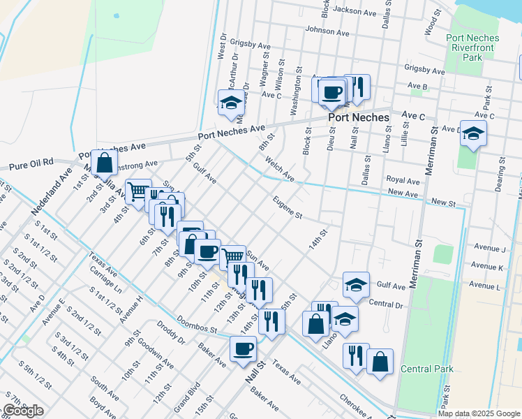 map of restaurants, bars, coffee shops, grocery stores, and more near 1923 10th Street in Port Neches