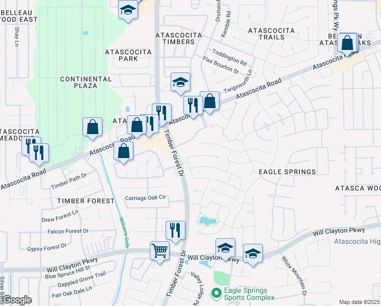map of restaurants, bars, coffee shops, grocery stores, and more near 12419 Cedar Breaks Court in Humble