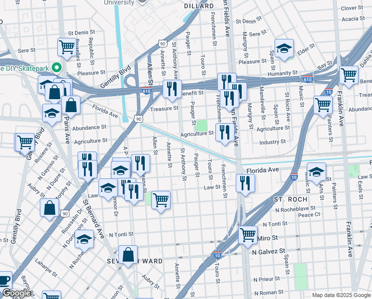 map of restaurants, bars, coffee shops, grocery stores, and more near 2842 Saint Anthony Street in New Orleans