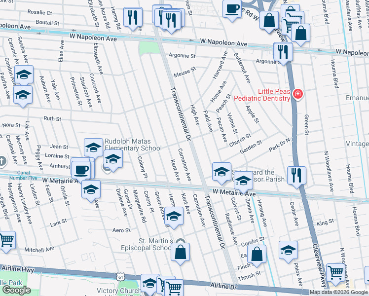 map of restaurants, bars, coffee shops, grocery stores, and more near 1113 Carnation Avenue in Metairie
