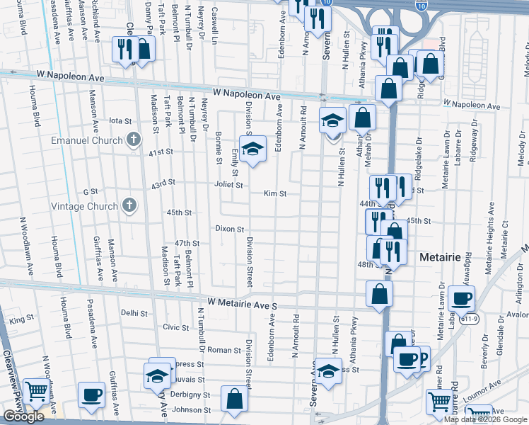 map of restaurants, bars, coffee shops, grocery stores, and more near 3713 45th Street in Metairie