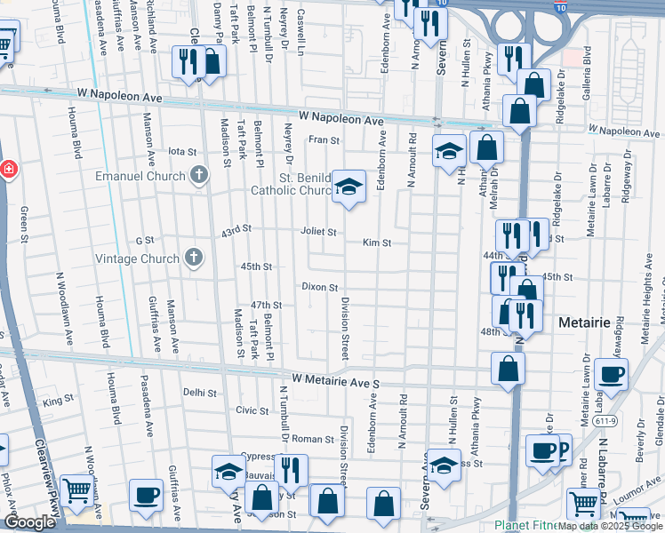 map of restaurants, bars, coffee shops, grocery stores, and more near 3745 Barbara Drive in Metairie