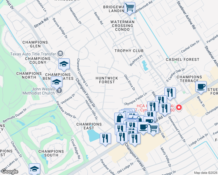 map of restaurants, bars, coffee shops, grocery stores, and more near 5418 Westminister Court in Houston