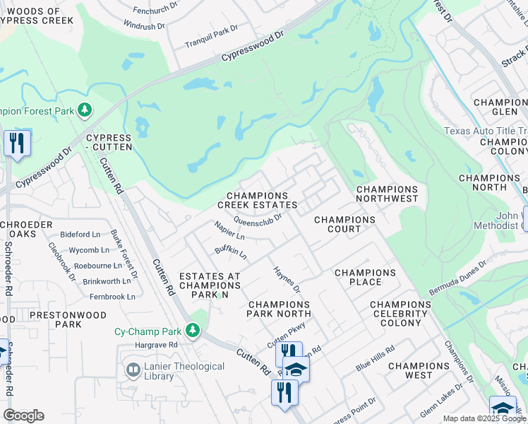 map of restaurants, bars, coffee shops, grocery stores, and more near 6825 Tournament Drive in Houston