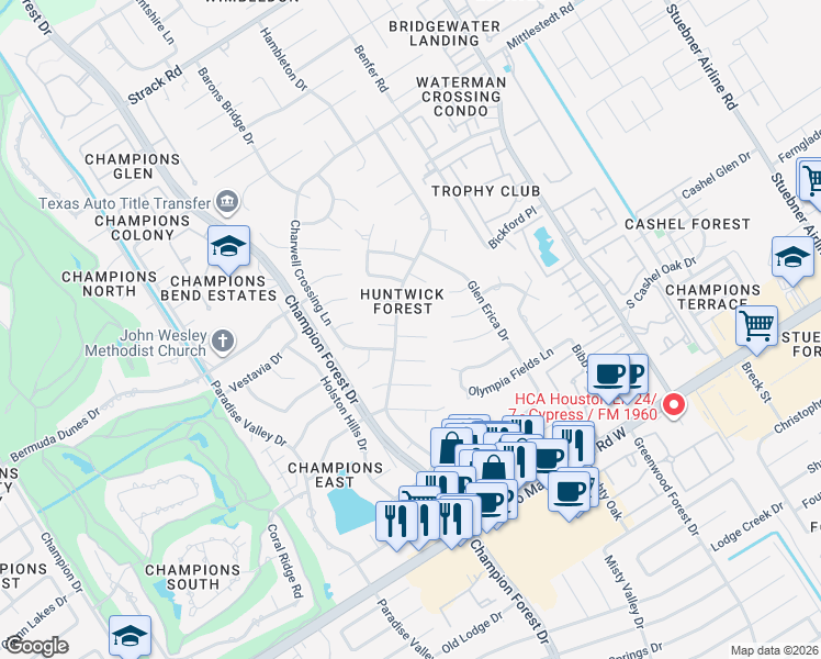 map of restaurants, bars, coffee shops, grocery stores, and more near 5418 Westminister Court in Houston