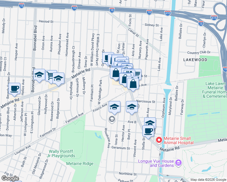 map of restaurants, bars, coffee shops, grocery stores, and more near 3 Central Drive in Metairie