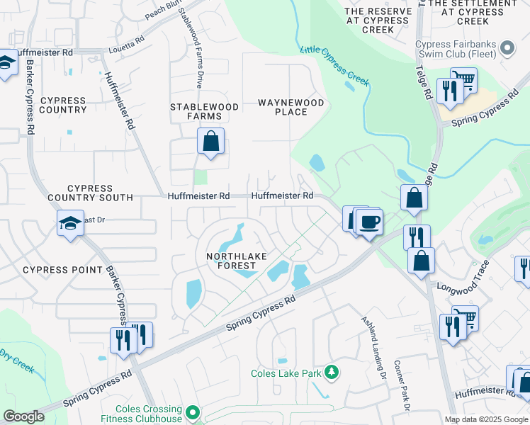 map of restaurants, bars, coffee shops, grocery stores, and more near 15911 Clear Pointe Drive in Cypress