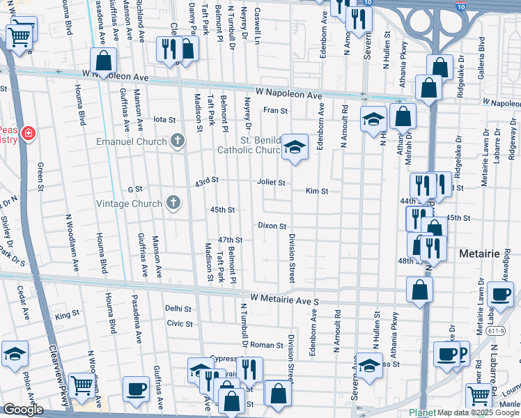 map of restaurants, bars, coffee shops, grocery stores, and more near 1404 Irene Drive in Metairie