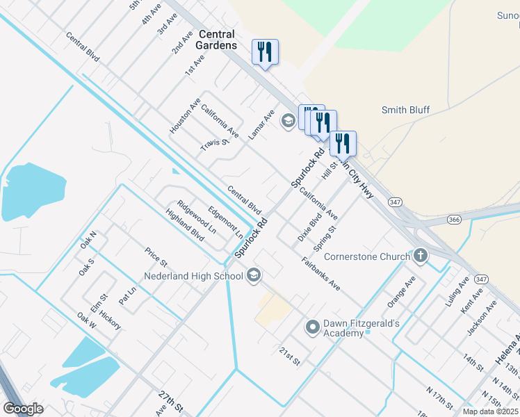 map of restaurants, bars, coffee shops, grocery stores, and more near 2512 Central Boulevard in Nederland