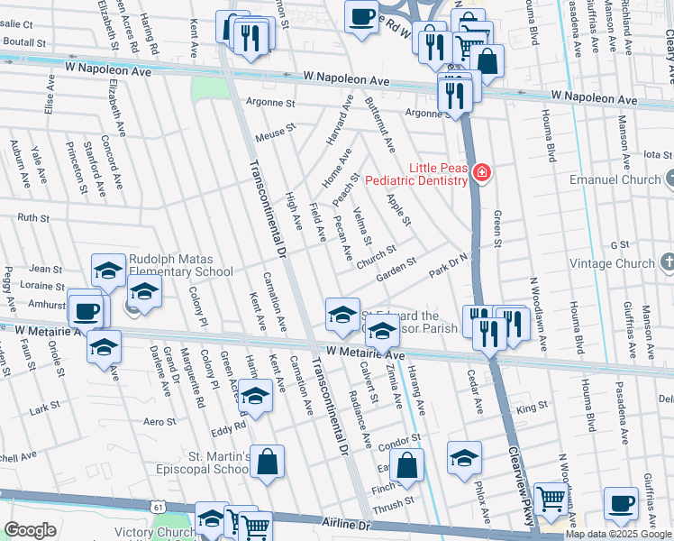 map of restaurants, bars, coffee shops, grocery stores, and more near 1213 Field Avenue in Metairie