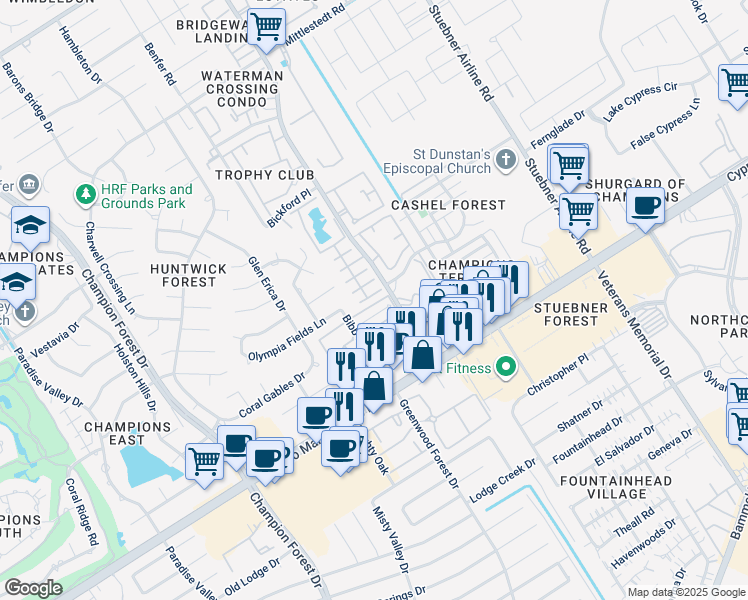 map of restaurants, bars, coffee shops, grocery stores, and more near 108 Old Bridge Lake in Houston