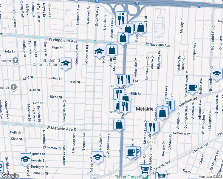 map of restaurants, bars, coffee shops, grocery stores, and more near 829 Athania Parkway in Metairie