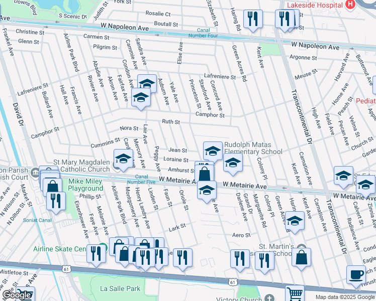 map of restaurants, bars, coffee shops, grocery stores, and more near 1200 Lucille Avenue in Metairie
