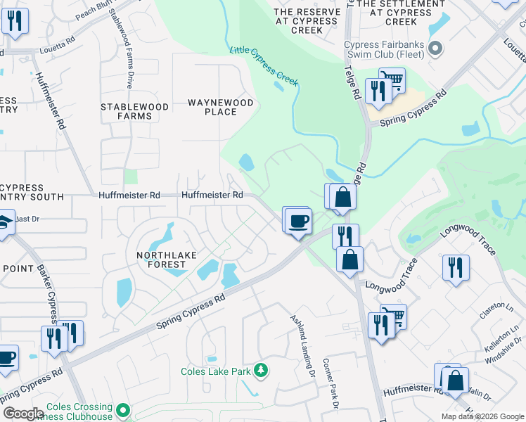 map of restaurants, bars, coffee shops, grocery stores, and more near 14310 Fable Lane in Cypress