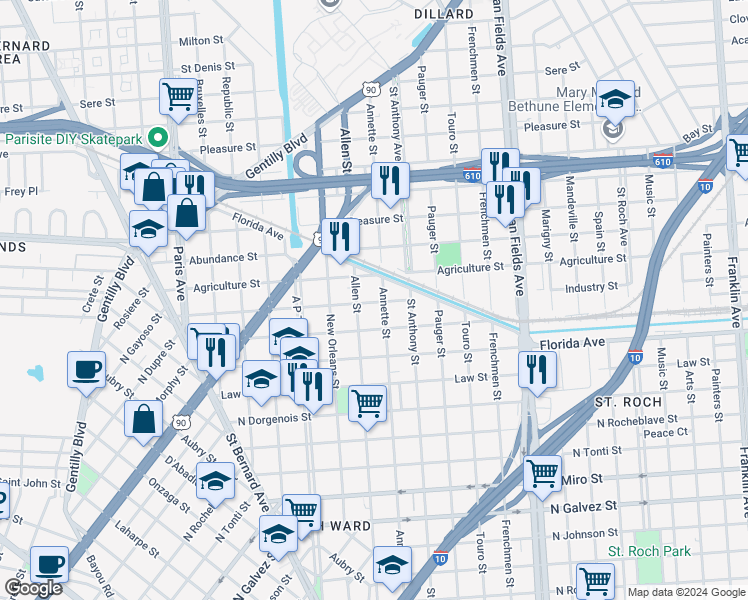 map of restaurants, bars, coffee shops, grocery stores, and more near 1933 Industry Street in New Orleans