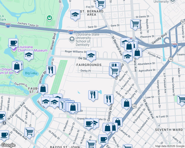 map of restaurants, bars, coffee shops, grocery stores, and more near 3408 Derby Place in New Orleans