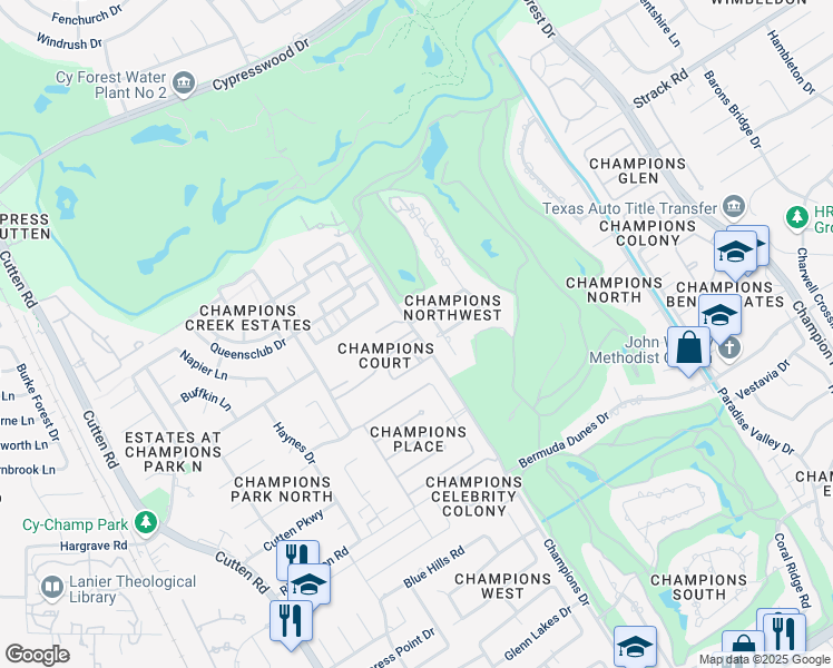 map of restaurants, bars, coffee shops, grocery stores, and more near 14147 Champions Drive in Houston