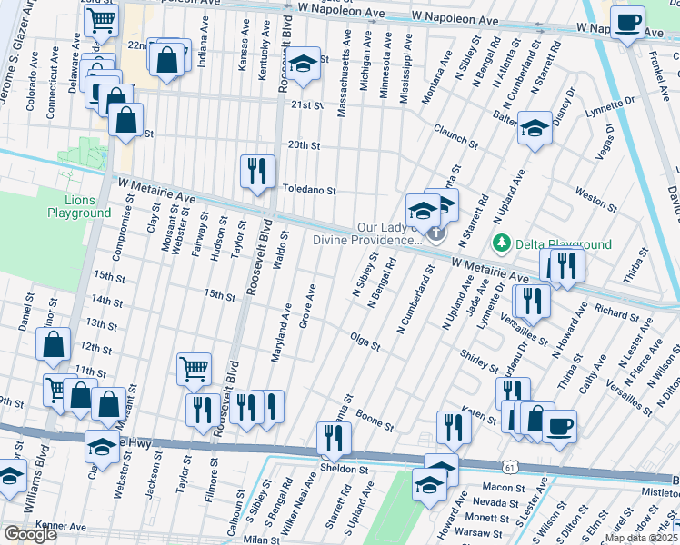 map of restaurants, bars, coffee shops, grocery stores, and more near 805 Blanche Street in Metairie