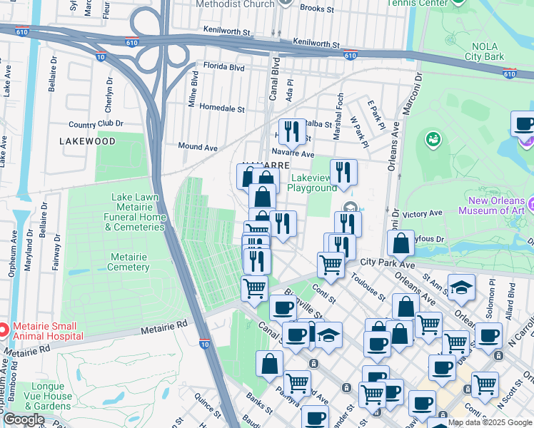 map of restaurants, bars, coffee shops, grocery stores, and more near 5303 Canal Boulevard in New Orleans
