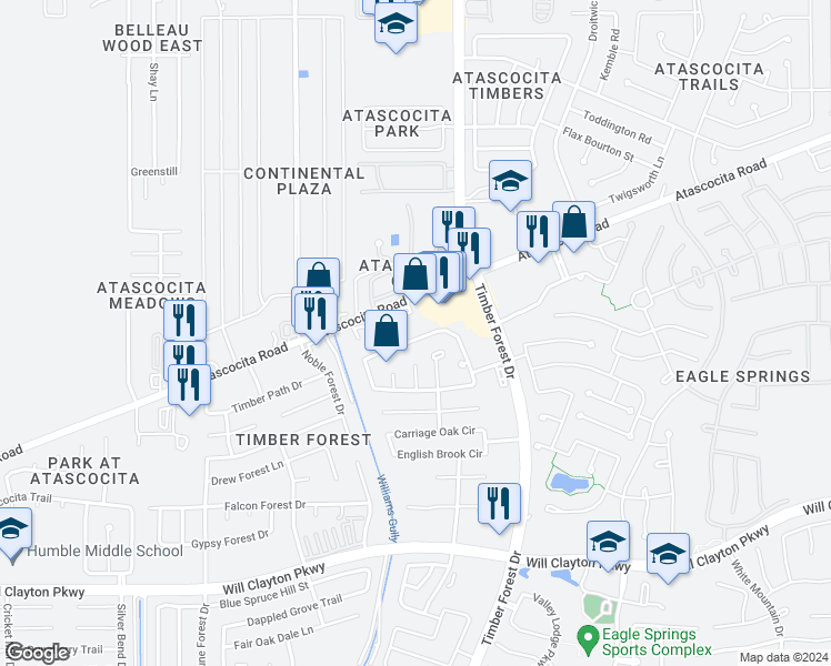 map of restaurants, bars, coffee shops, grocery stores, and more near 12215 Glen Crossing Circle in Humble