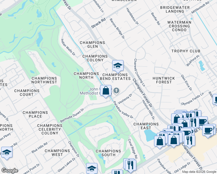 map of restaurants, bars, coffee shops, grocery stores, and more near 13818 Paradise Valley Drive in Houston