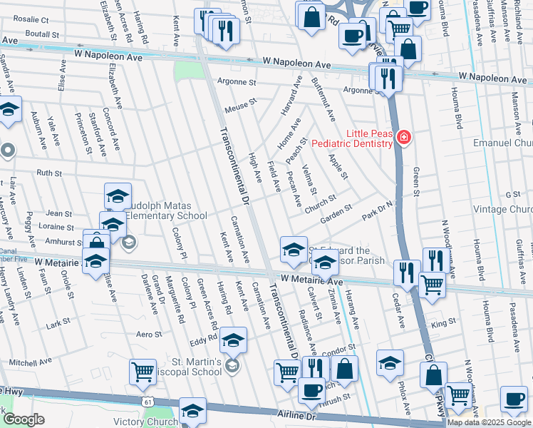 map of restaurants, bars, coffee shops, grocery stores, and more near 1300 High Avenue in Metairie