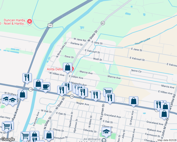 map of restaurants, bars, coffee shops, grocery stores, and more near 417 Marcia Avenue in Abbeville
