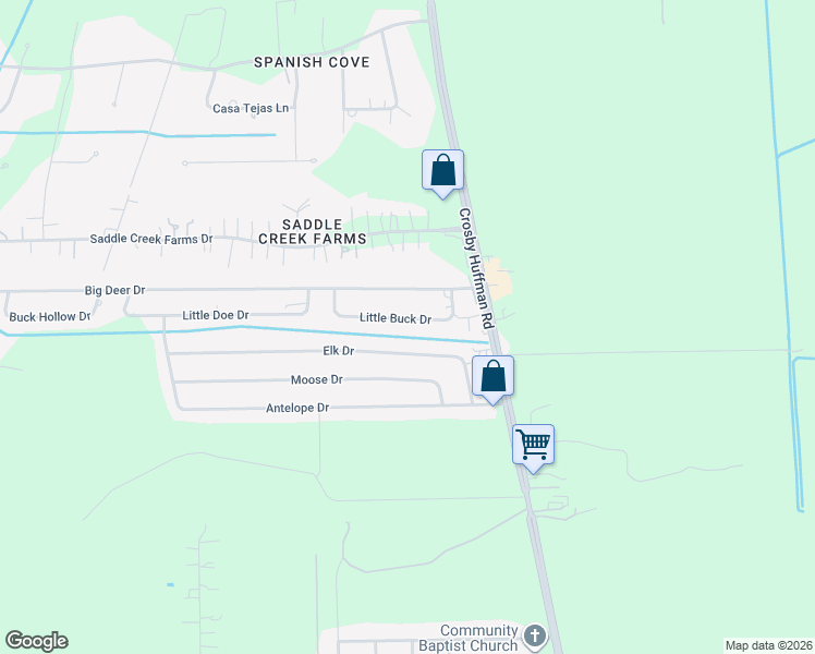 map of restaurants, bars, coffee shops, grocery stores, and more near 211 Little Buck Drive in Crosby