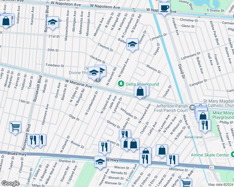 map of restaurants, bars, coffee shops, grocery stores, and more near 1336 Jade Avenue in Metairie