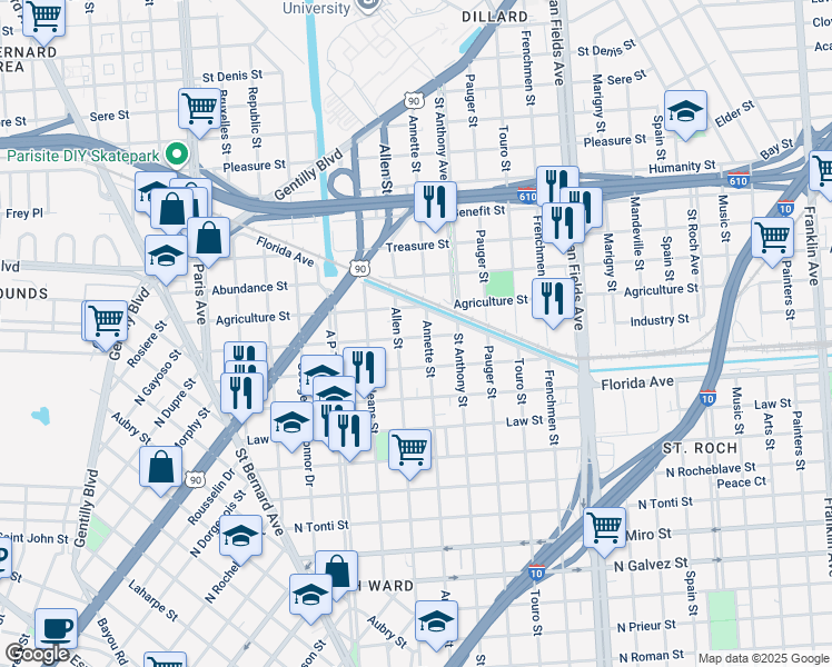 map of restaurants, bars, coffee shops, grocery stores, and more near 1933 Industry Street in New Orleans