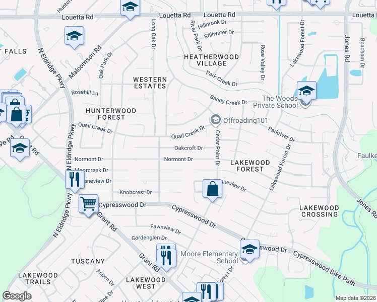 map of restaurants, bars, coffee shops, grocery stores, and more near 11907 Oakcroft Drive in Houston