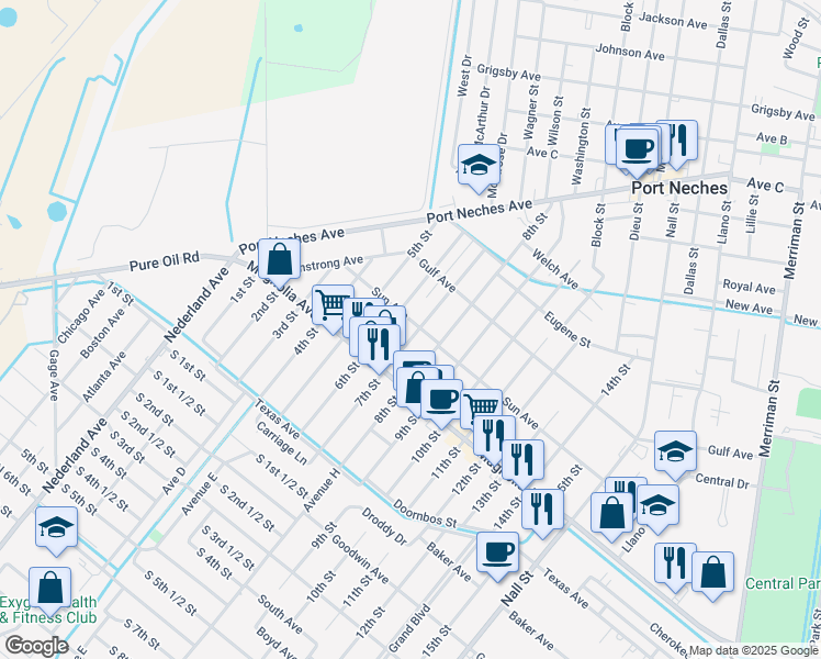 map of restaurants, bars, coffee shops, grocery stores, and more near 2102 7th Street in Port Neches
