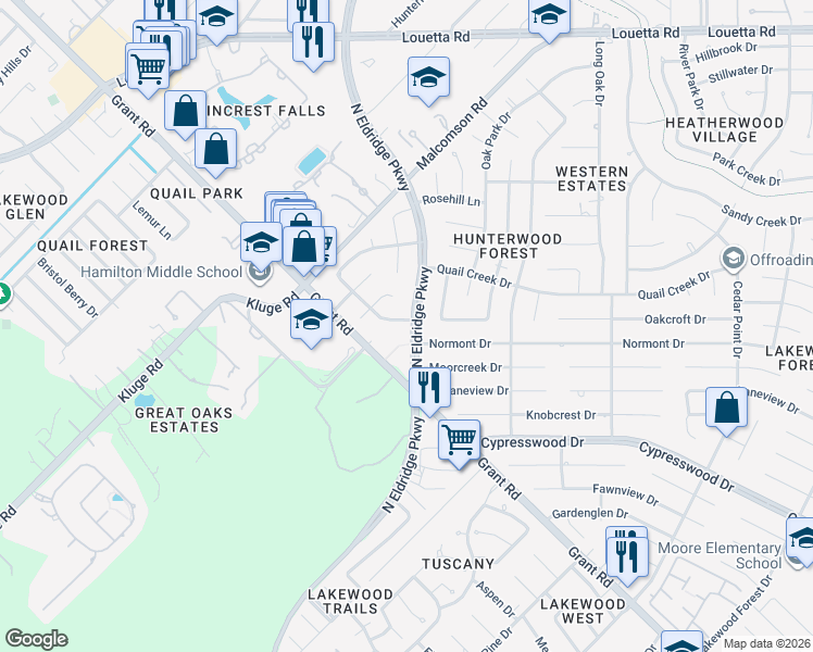 map of restaurants, bars, coffee shops, grocery stores, and more near 12503 Oakcroft Drive in Houston