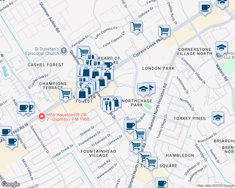 map of restaurants, bars, coffee shops, grocery stores, and more near 14420 Sylvanfield Dr in Houston