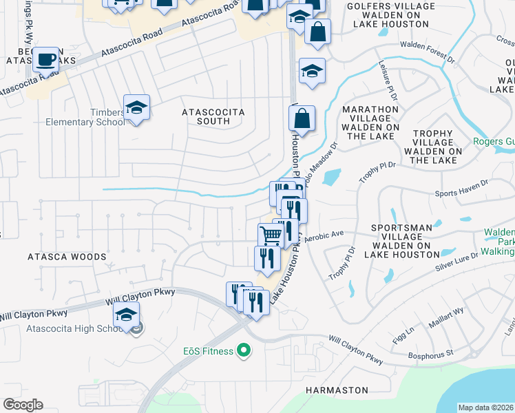 map of restaurants, bars, coffee shops, grocery stores, and more near 7419 Telico Junction Lane in Humble