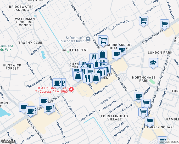 map of restaurants, bars, coffee shops, grocery stores, and more near 4702 Farm to Market 1960 in Houston
