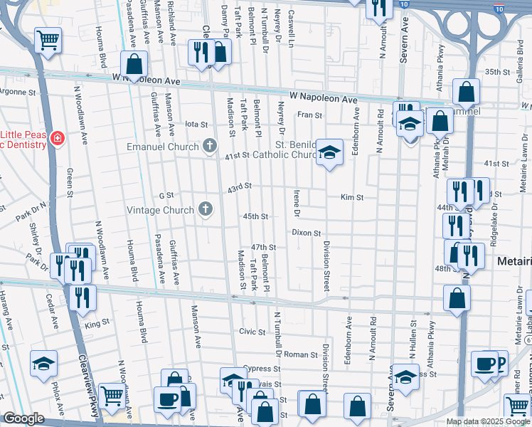 map of restaurants, bars, coffee shops, grocery stores, and more near 1401 Belmont Place in Metairie