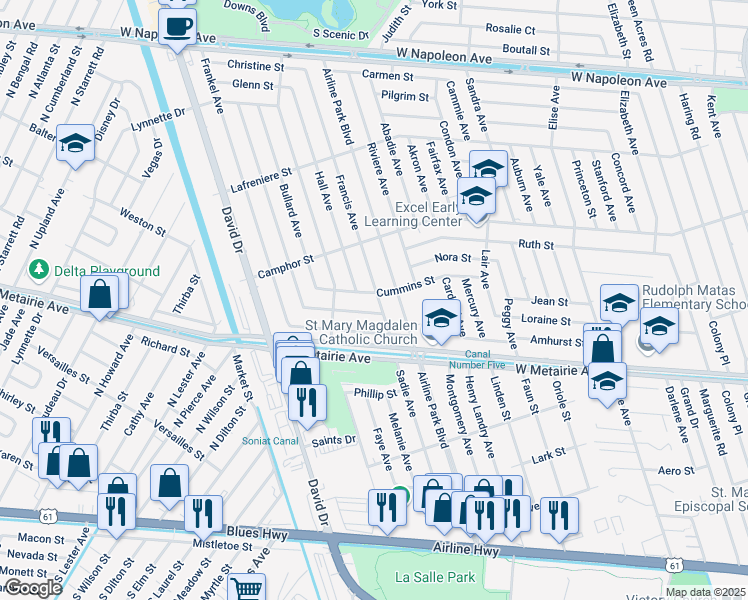 map of restaurants, bars, coffee shops, grocery stores, and more near 1105 Francis Avenue in Metairie